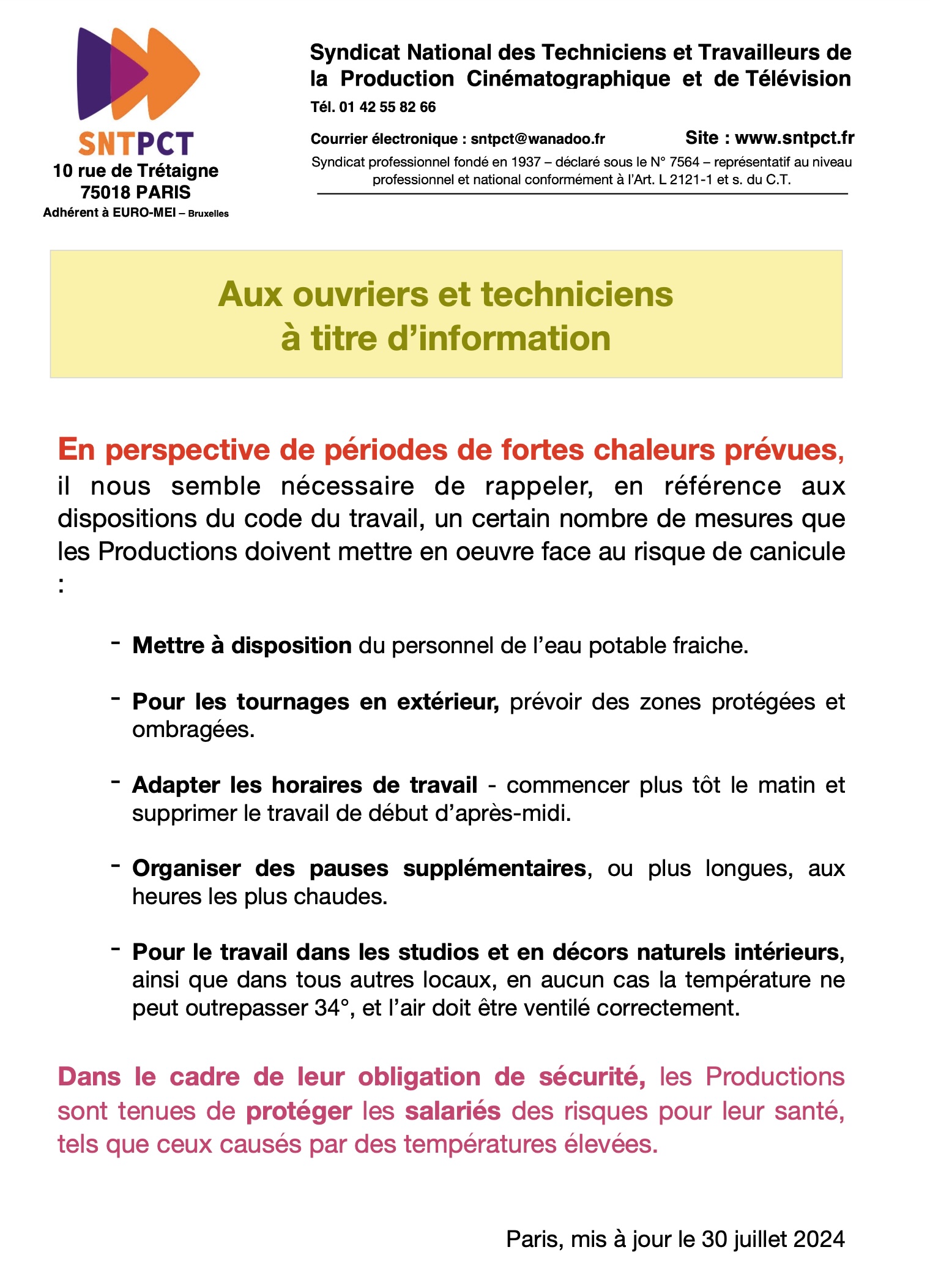 Obligations des employeurs en période de canicule